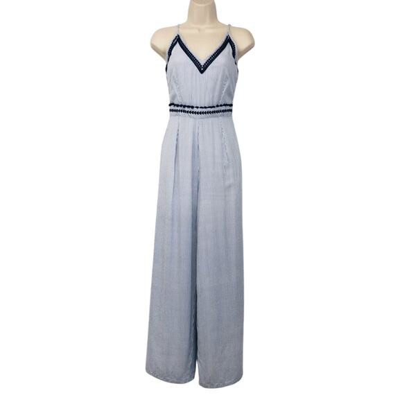 Japna Trendy Blue White Stripe Jumpsuit Dainty Embroidery Wide Leg Palazzo Style - Picture 14 of 16